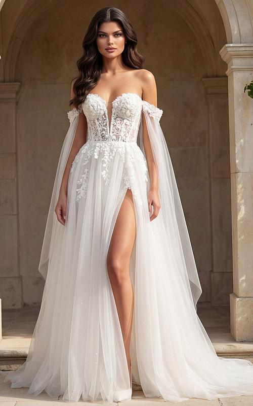 Front view wedding dress with deep illusion neckline and thigh slit tulle overlay