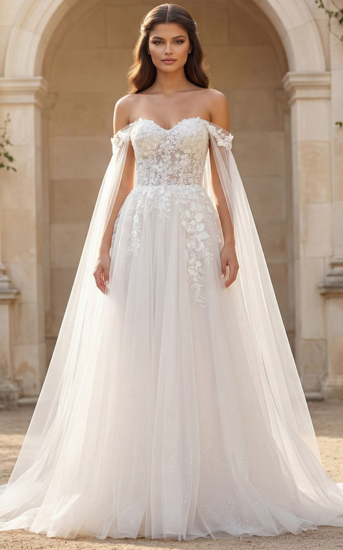 Off shoulder bridal gown with sheer tulle drape sleeves and lace lace up back