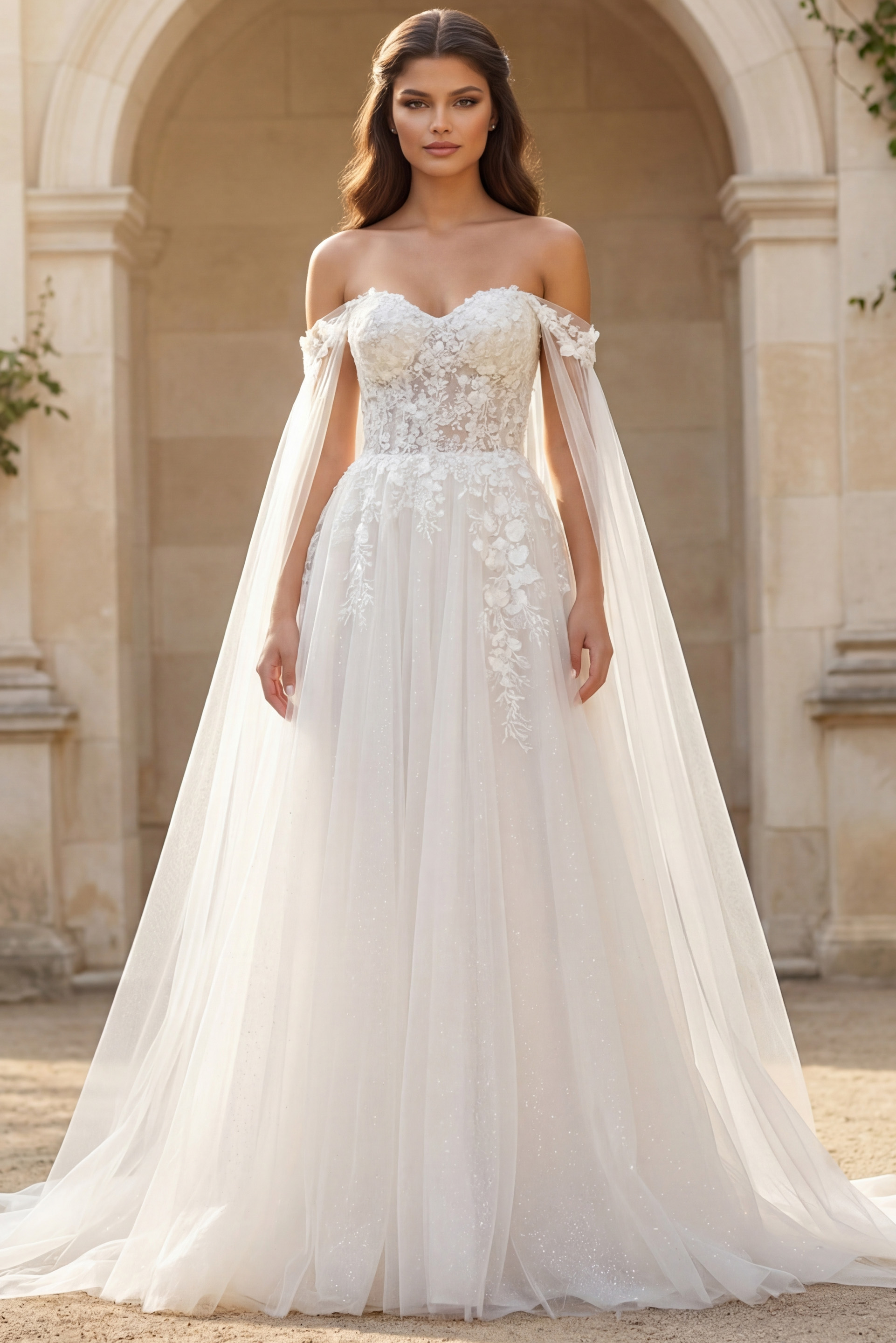 Off shoulder bridal gown with sheer tulle drape sleeves and lace lace up back