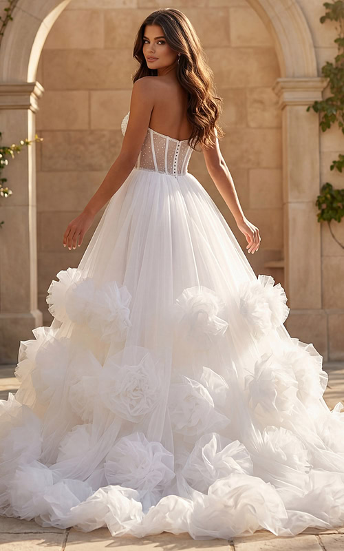 Strapless tulle gown with structured sheer corset bodice and voluminous rosette skirt.