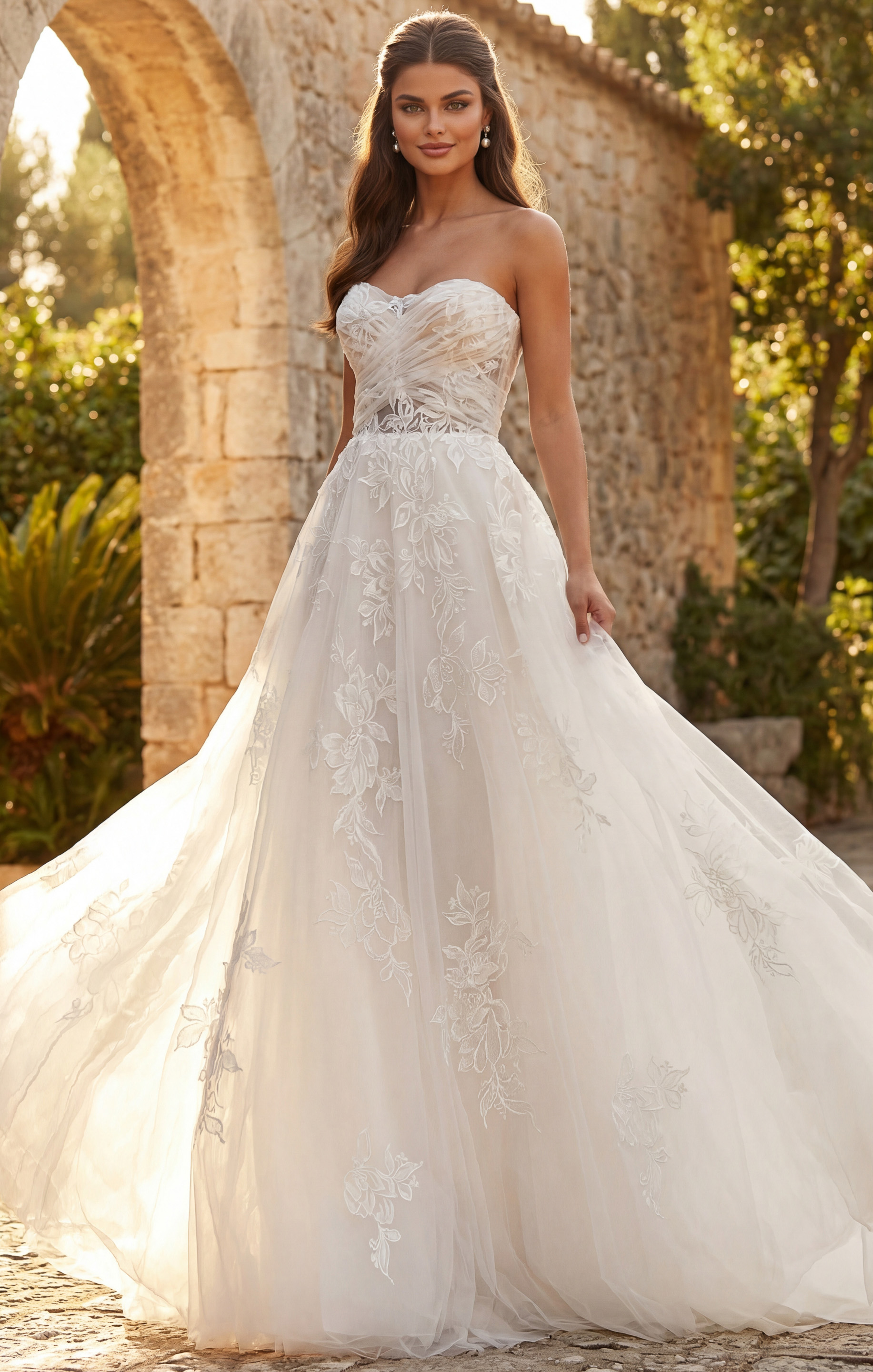 Strapless lace A line gown with embroidered floral detailing and flowing skirt