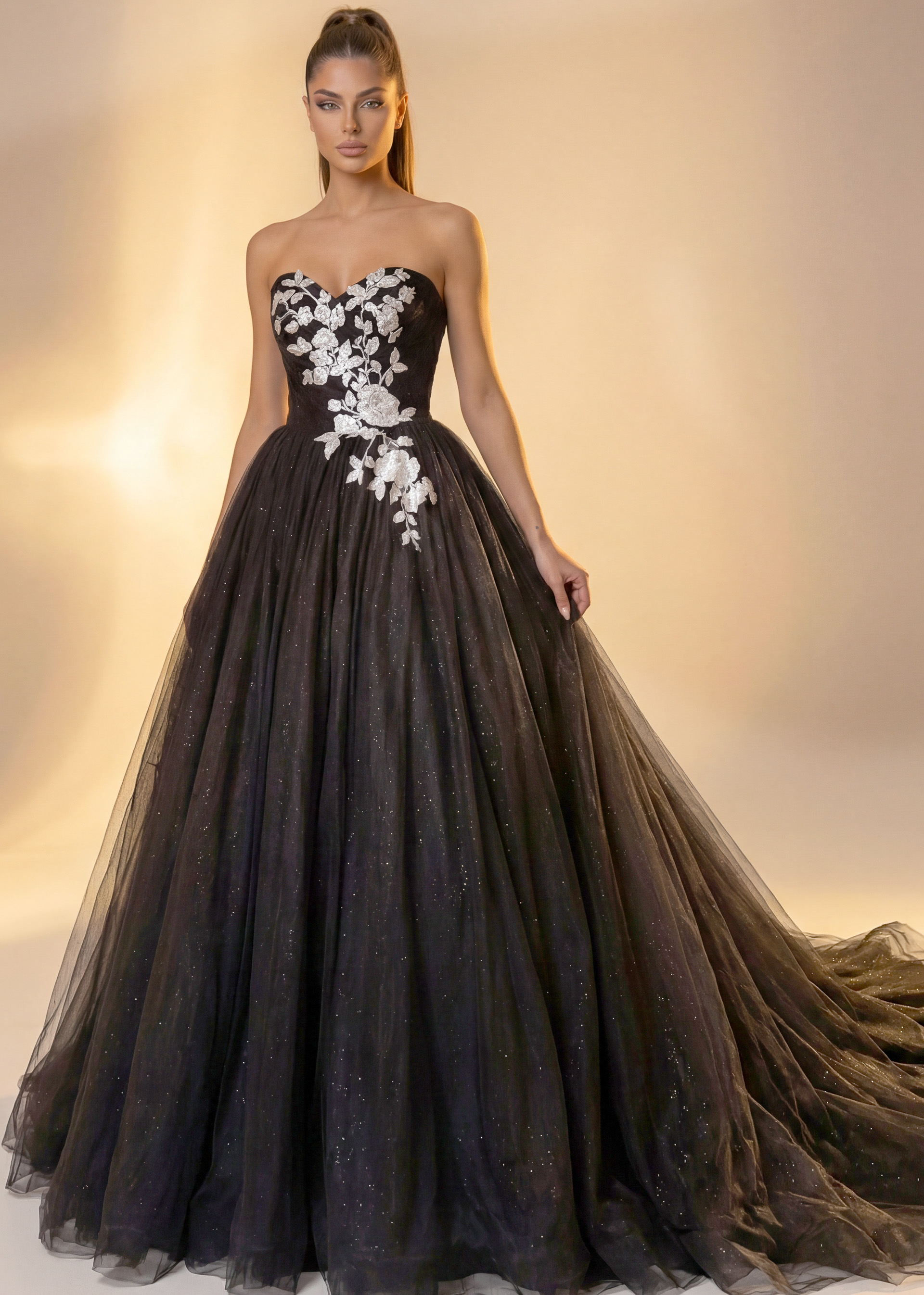 back and white strapless tulle ball gown JB43233