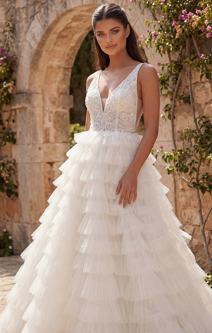 Elegant lace bodice gown with dramatic tiered skirt