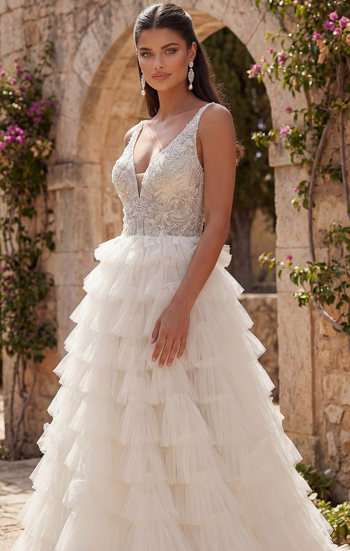 Romantic tiered tulle ball gown with lace bodice