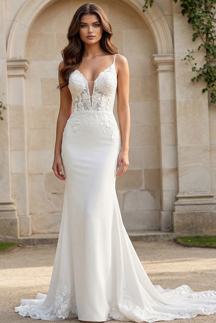 Lace bridal gown with illusion plunge neckline and button back detail