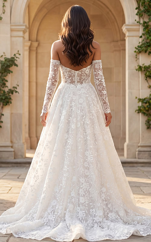 Off shoulder lace A line bridal gown with sheer long sleeves and sheer illusion back.