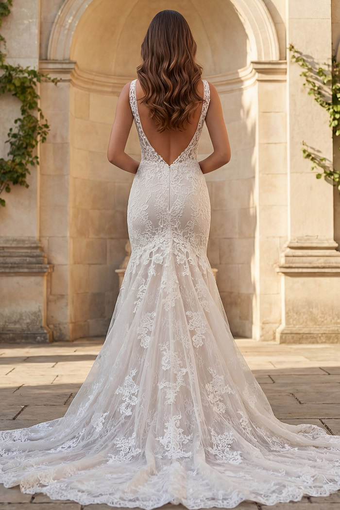 Back view of lace mermaid bridal dress with low V back and scalloped train