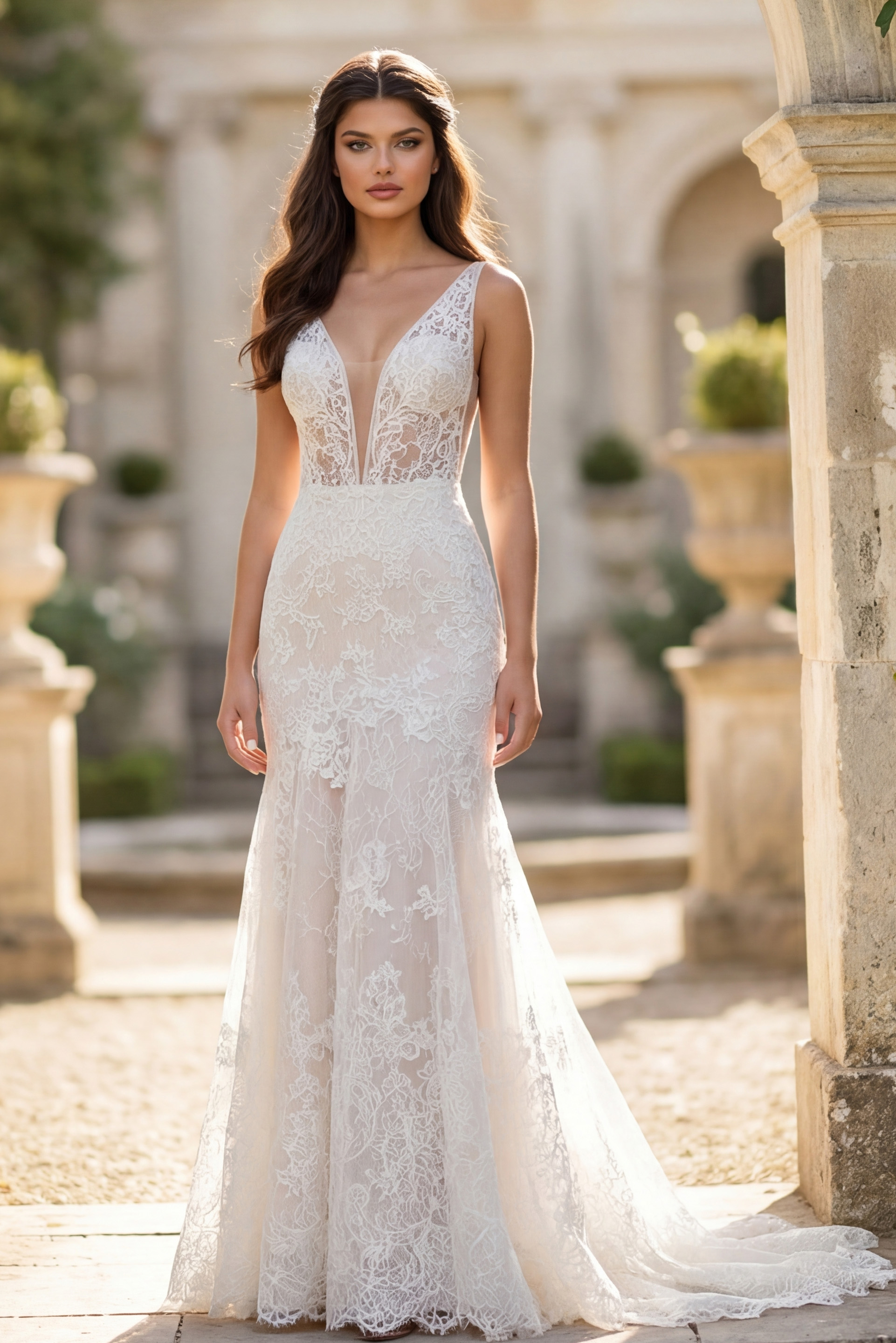 Intricate Lace Wedding Gown with Deep V Neckline and Flowing Train JB43894 - Image 1