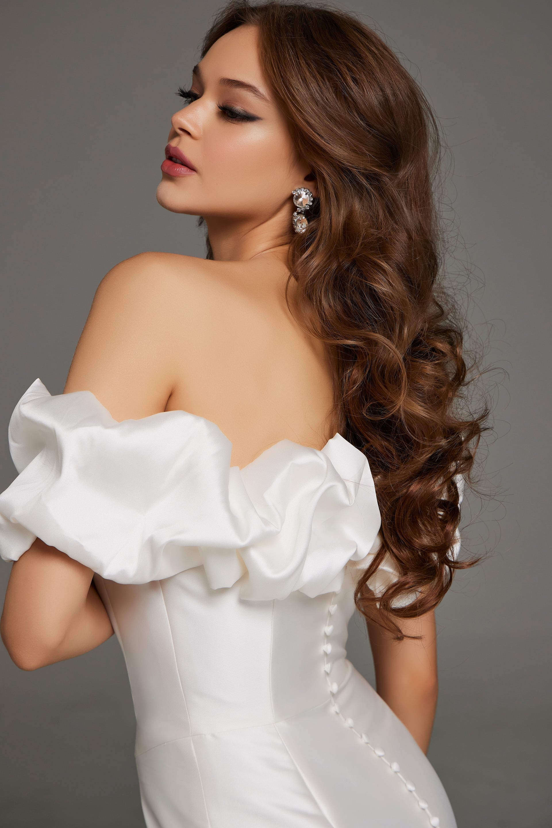 ruffled neckline off the shoulder wedding dress JB43896