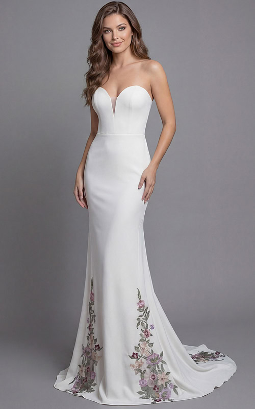 Chic bridal gown with sweetheart neckline and intricate floral embroidery