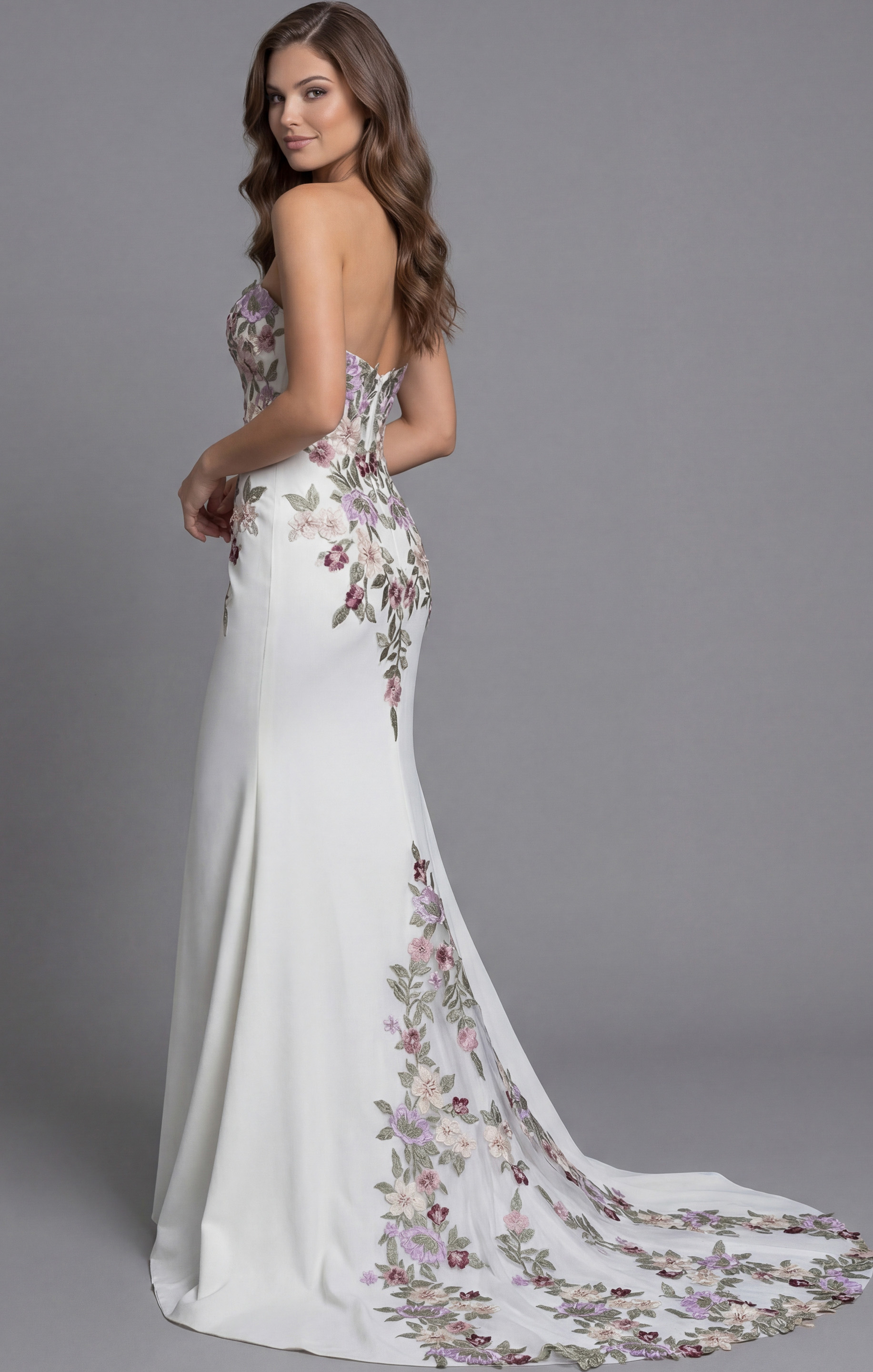 Elegant strapless bridal dress with sweetheart neckline and floral embroidered accents