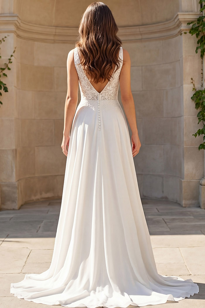 Back view of A line bridal gown with V back and button detail