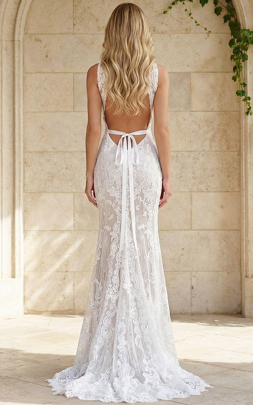 open back lace bridal dress with floral details