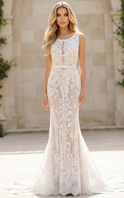 sheer lace mermaid bridal gown front view