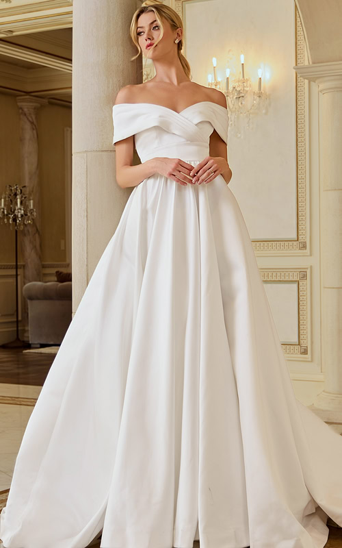 off the shoulder long pleated skirt wedding dress JB45169