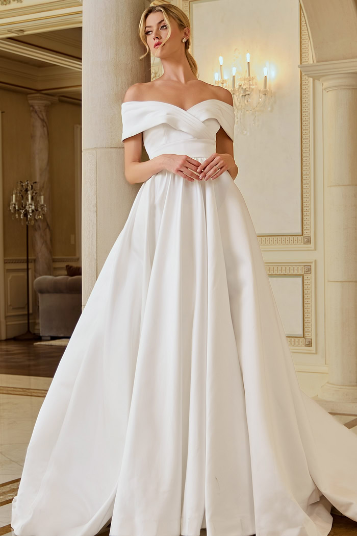 off the shoulder long pleated skirt wedding dress JB45169