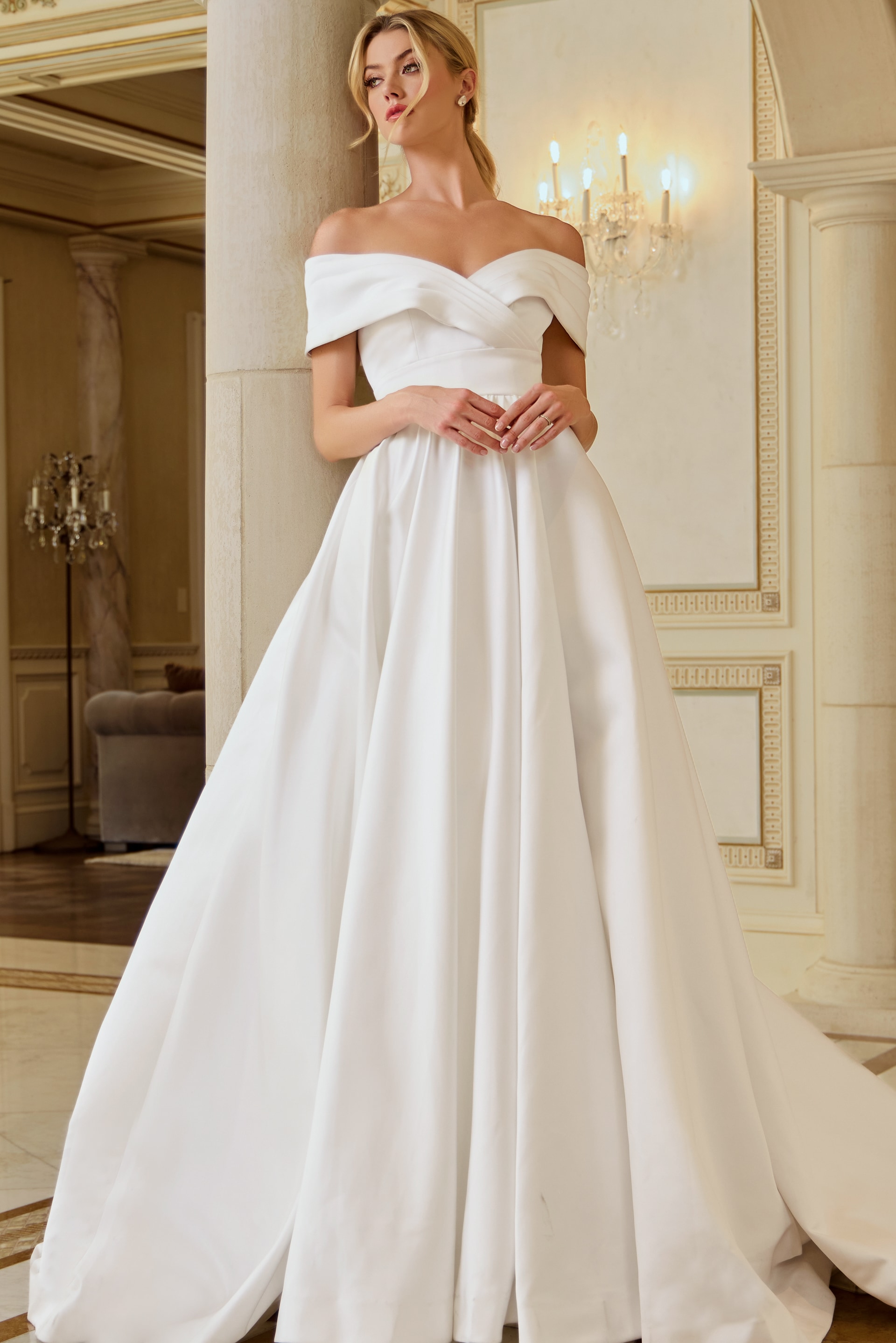 off the shoulder long pleated skirt wedding dress JB45169
