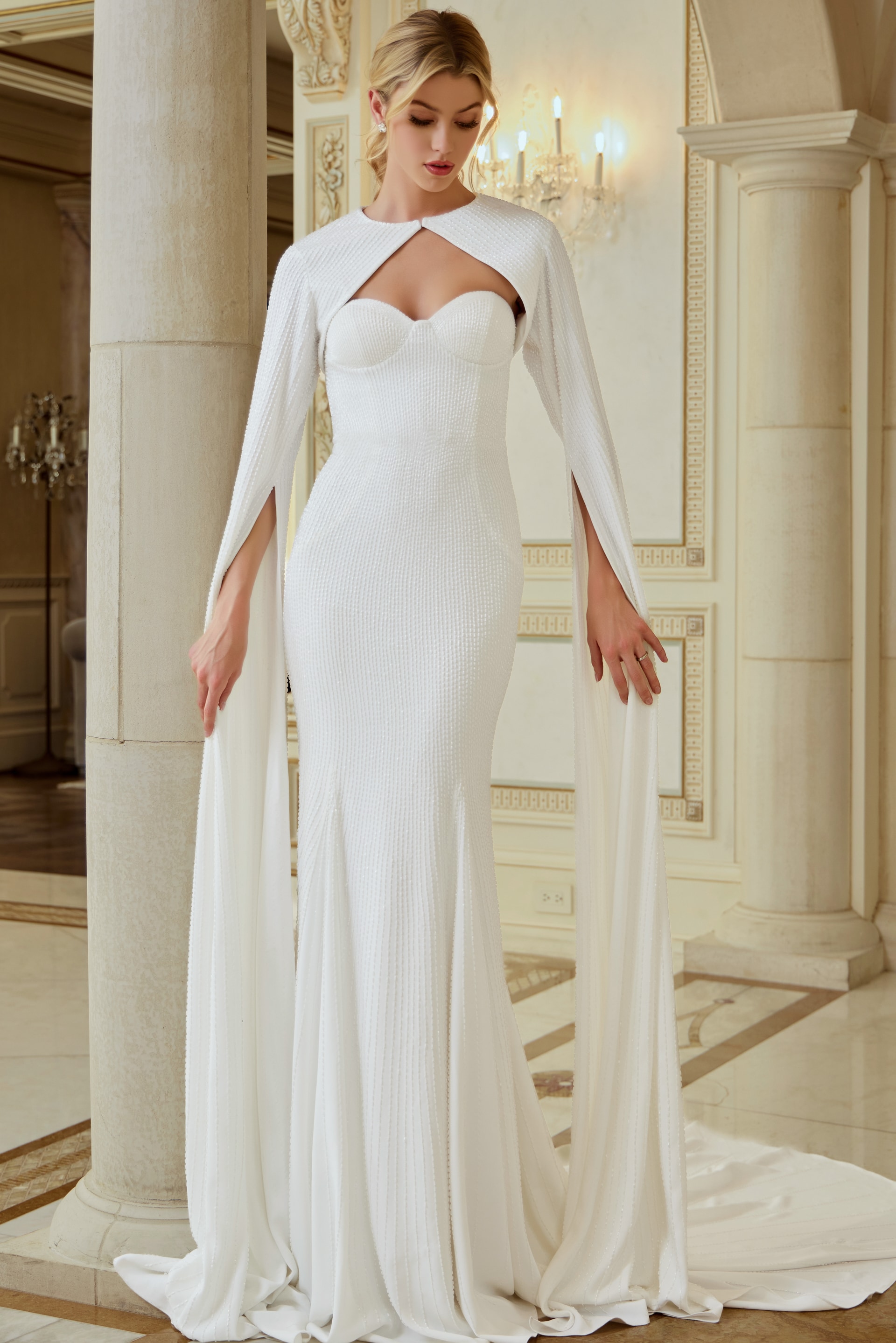 Cape Sleeve Sweetheart Beaded Bridal Gown JB45575 - Image 3