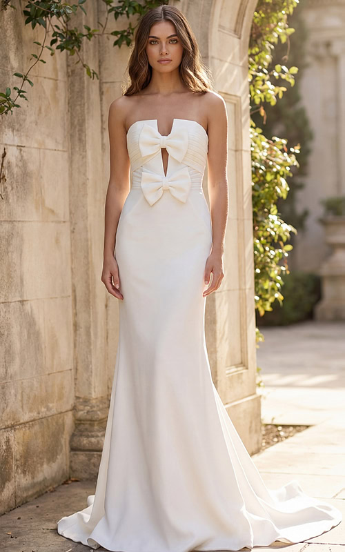 Front view of strapless bridal dress with double bow bodice and sleek silhouette