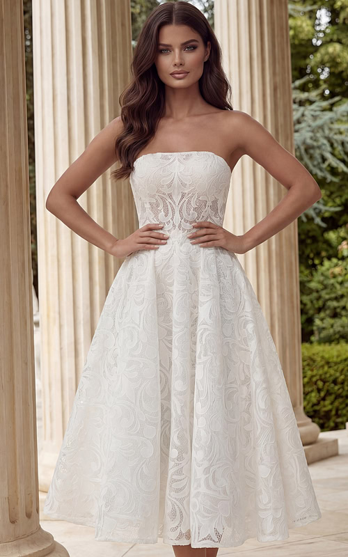 Strapless lace midi gown with fitted bodice and softly flared skirt
