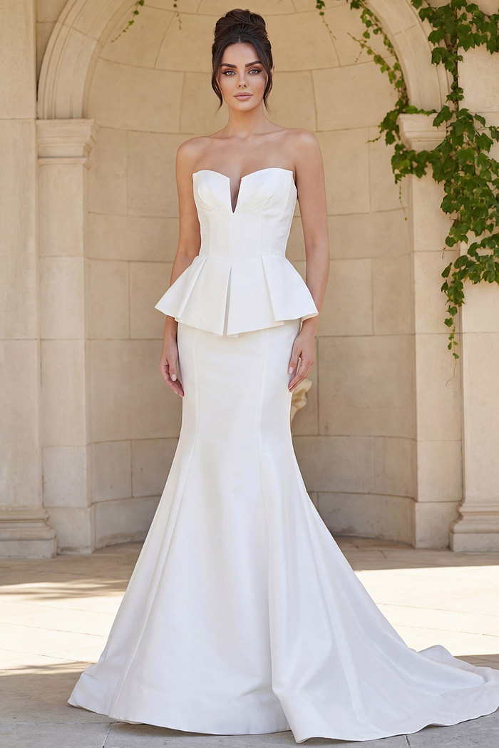 modern strapless wedding gown with structured peplum bodice