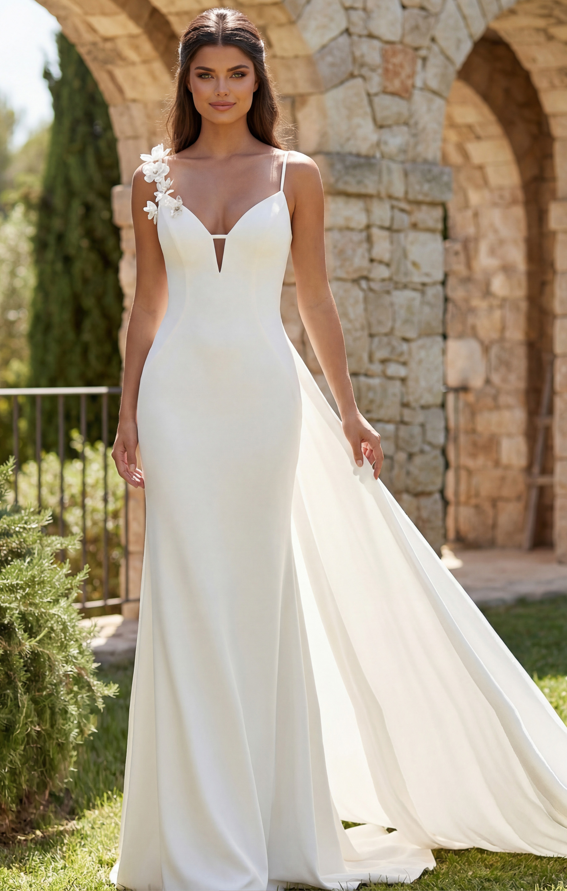 Timeless ivory sheath dress with delicate appliqué strap and sweeping train