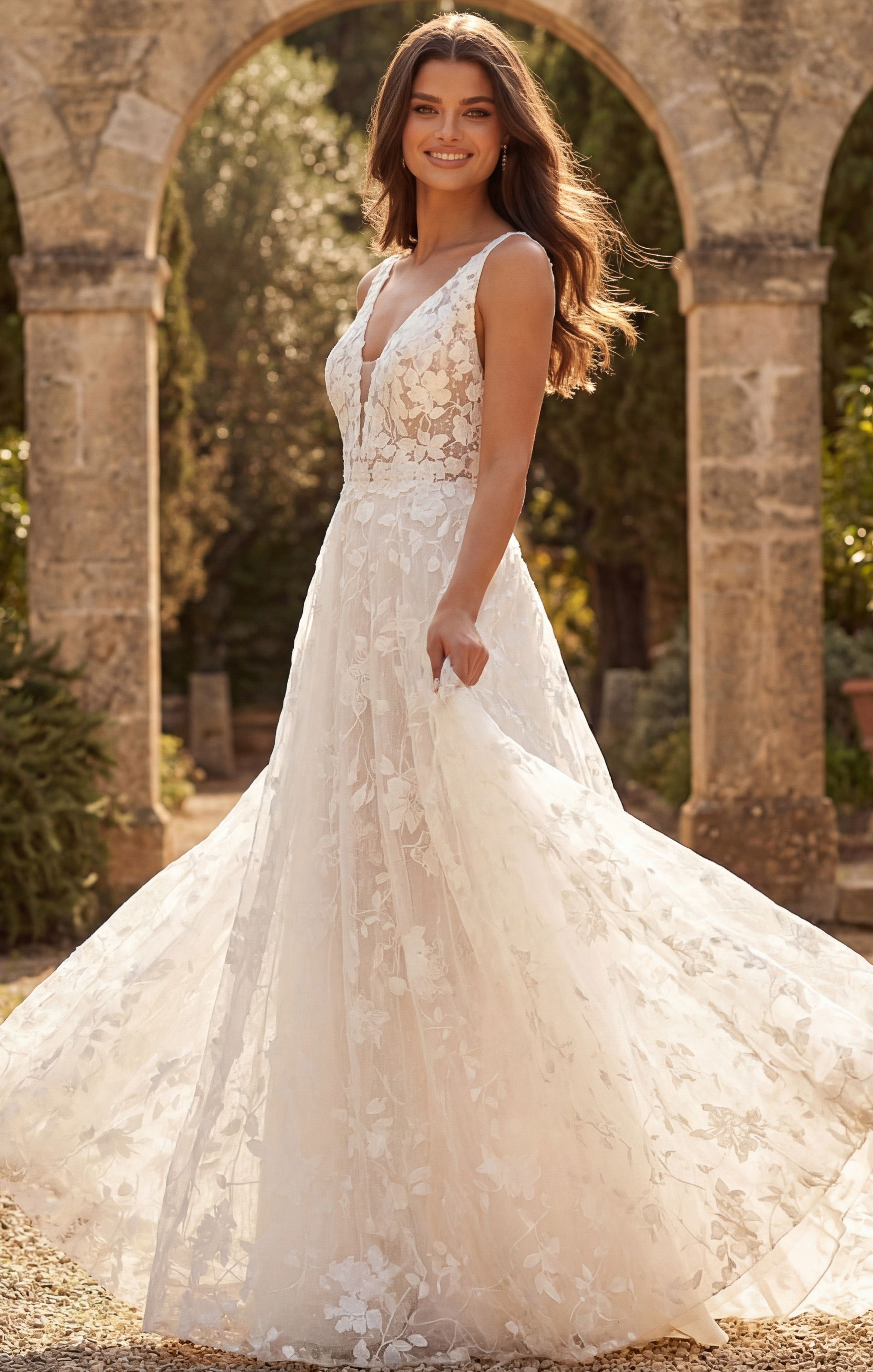 v neckline flroal bridal gown JB49748