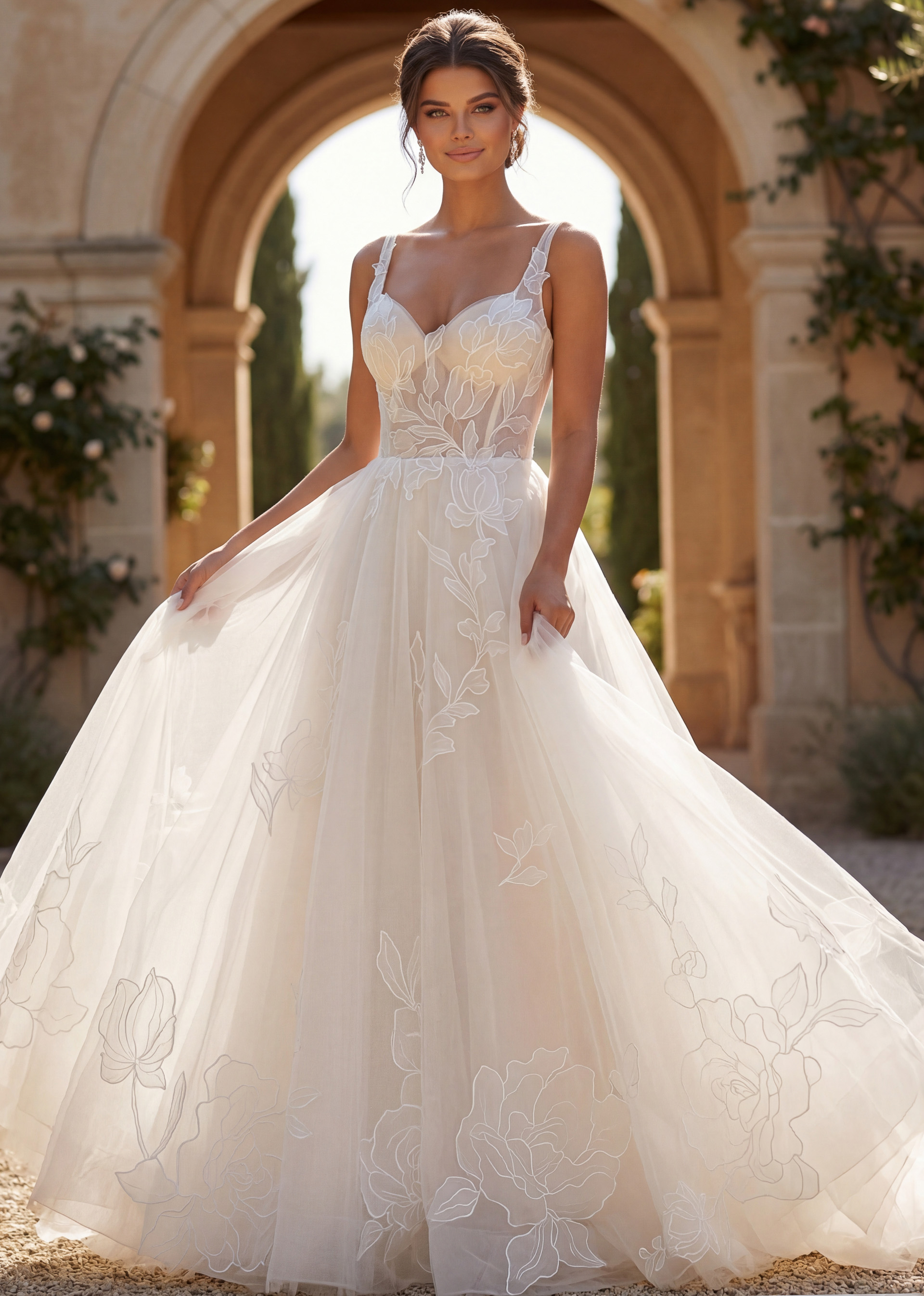 Ethereal floral embroidered tulle gown with sheer corset bodice and delicate straps