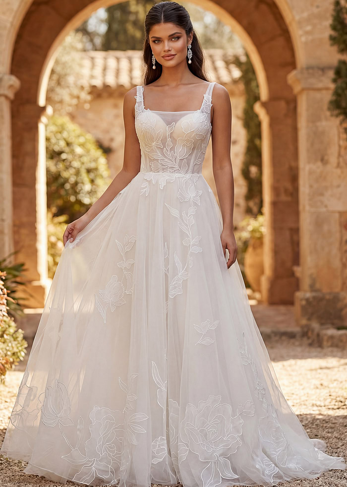 Elegant sheer corset bodice gown with soft floral embroidery and flowing skirt