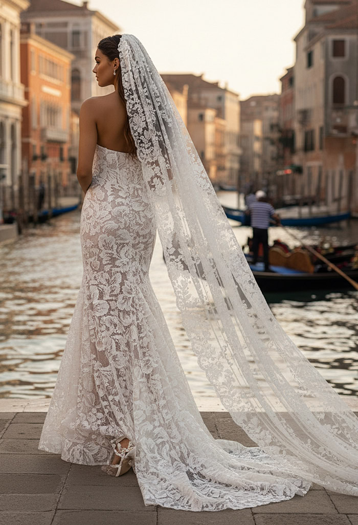 Back view of fitted lace bridal gown with long veil and elegant train