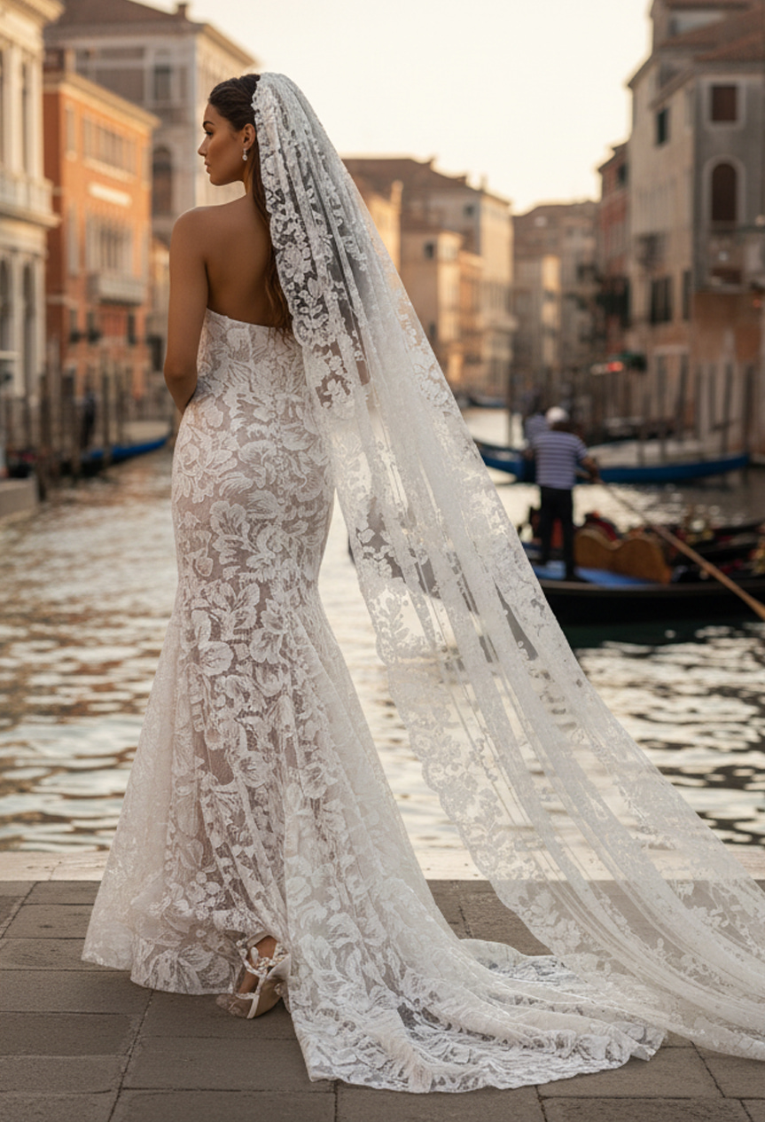 Back view of fitted lace bridal gown with long veil and elegant train