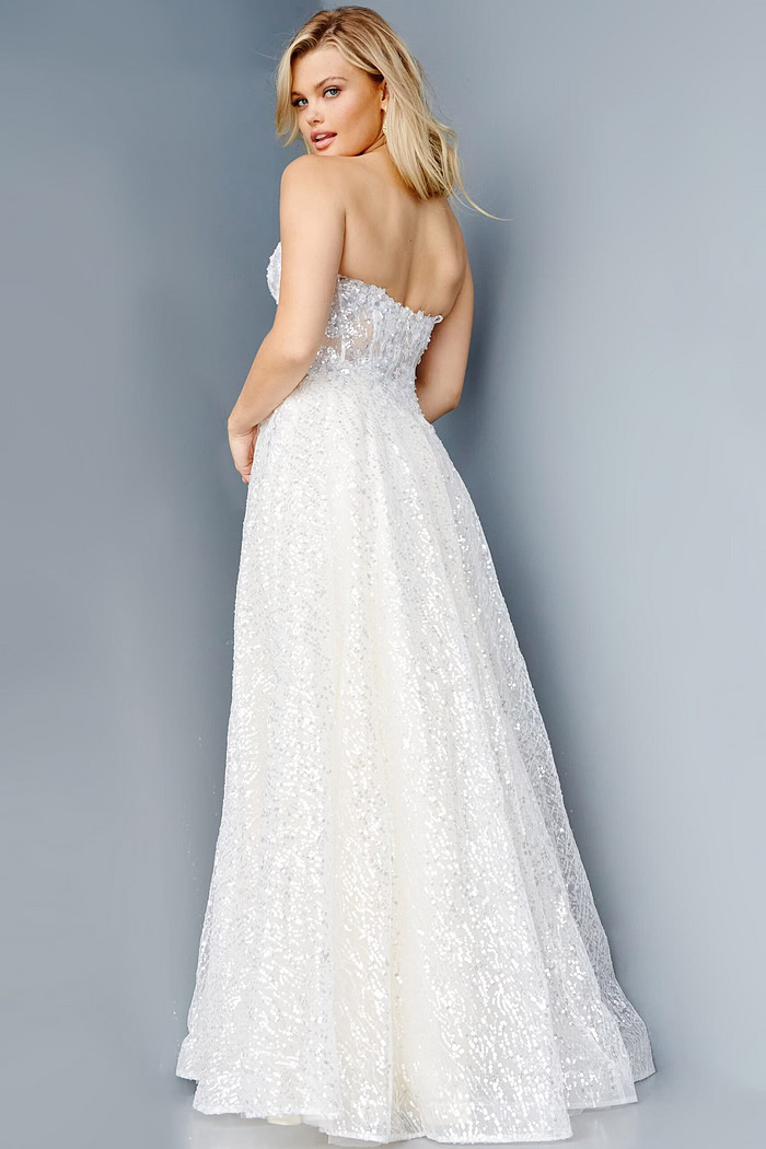 Model wearing Jovani 08417 ivory A-line dress back view