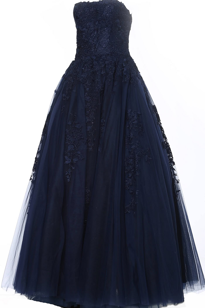 Jovani 1831 ball gown in navy, front view with floral details