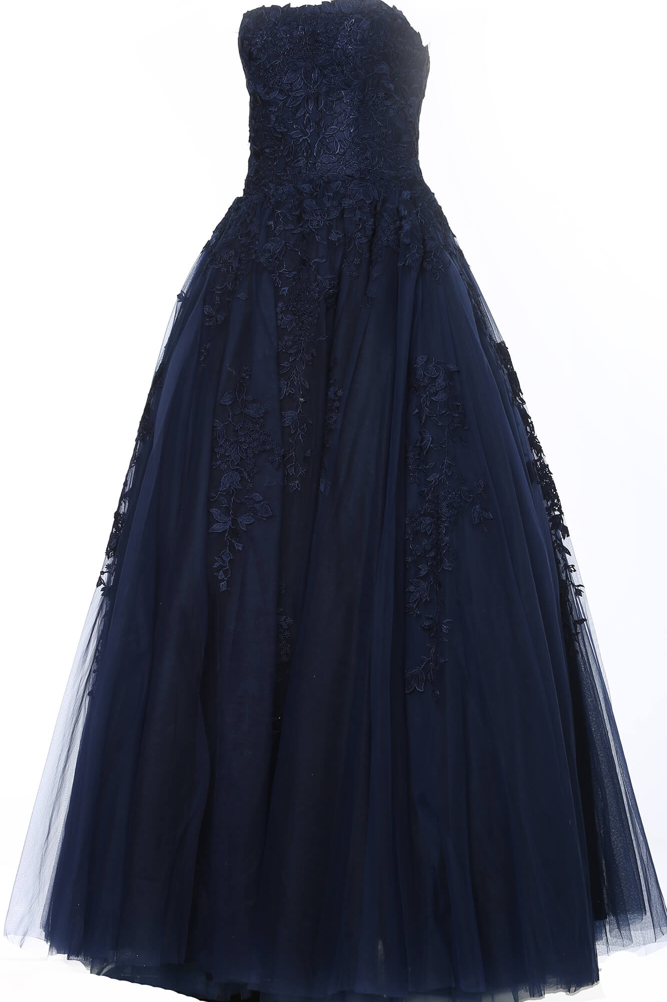 Jovani 1831 ball gown in navy, front view with floral details