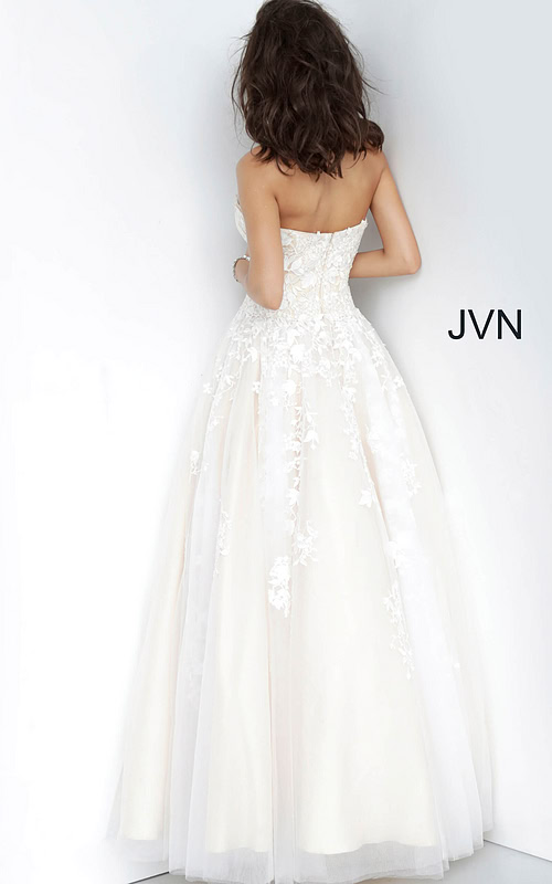 Model wearing Jovani 1831 ball gown in off-white, back view