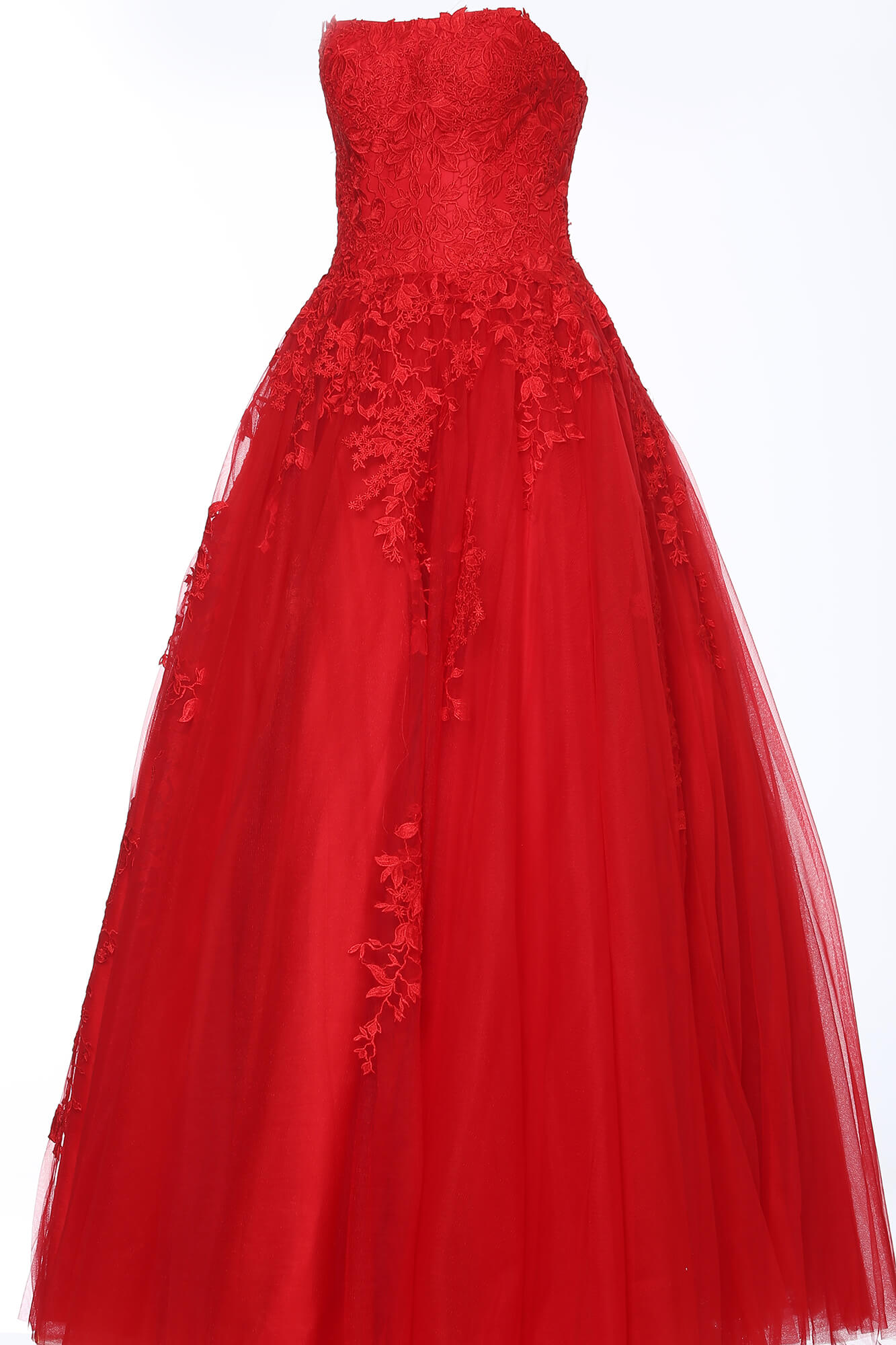Jovani 1831 ball gown in red, front view with floral details