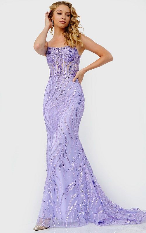 Model wearing Jovani 23250 lilac mermaid gown with sequins and lace-up back.