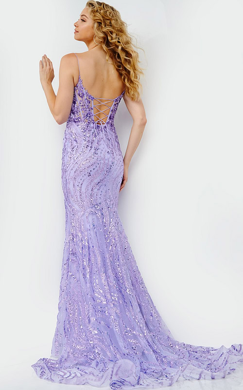 Back view of Jovani 23250 lilac gown with lace-up closure and train.