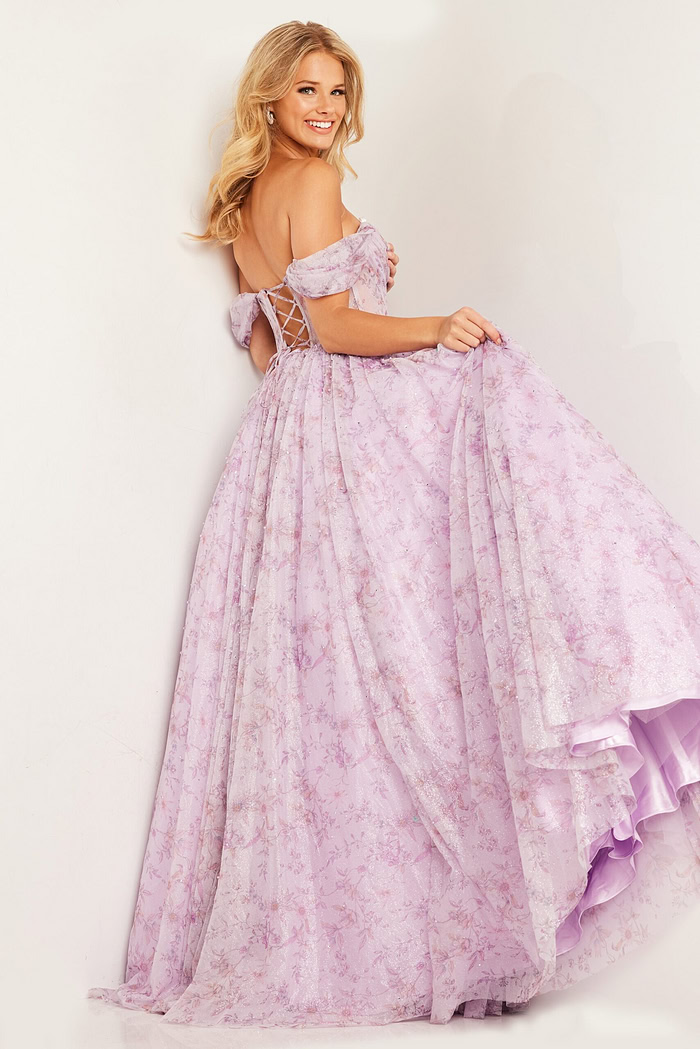 Model wearing Ruched Off the Shoulder Pink Ballgown 36581