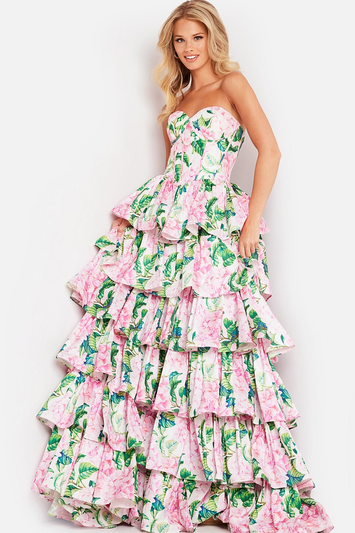 Model wearing Jovani 37058 floral print dress with sweetheart neckline and layered ruffles, front view