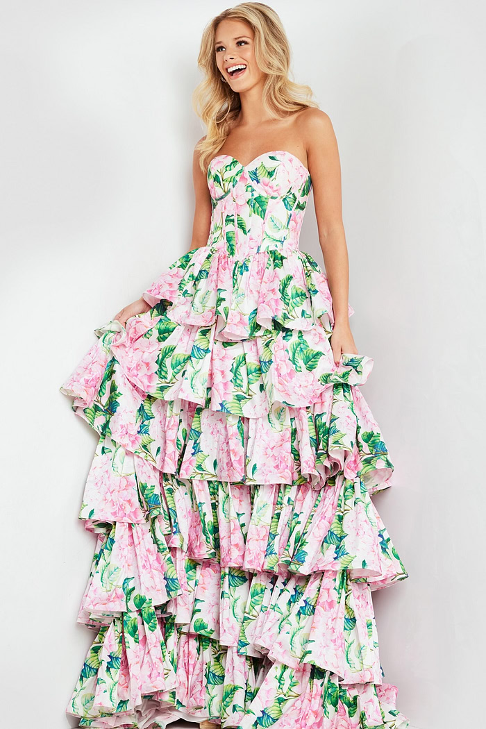 Model wearing Jovani 37058 floral print dress, showcasing sweetheart neckline and elegant ruffle layers, front view