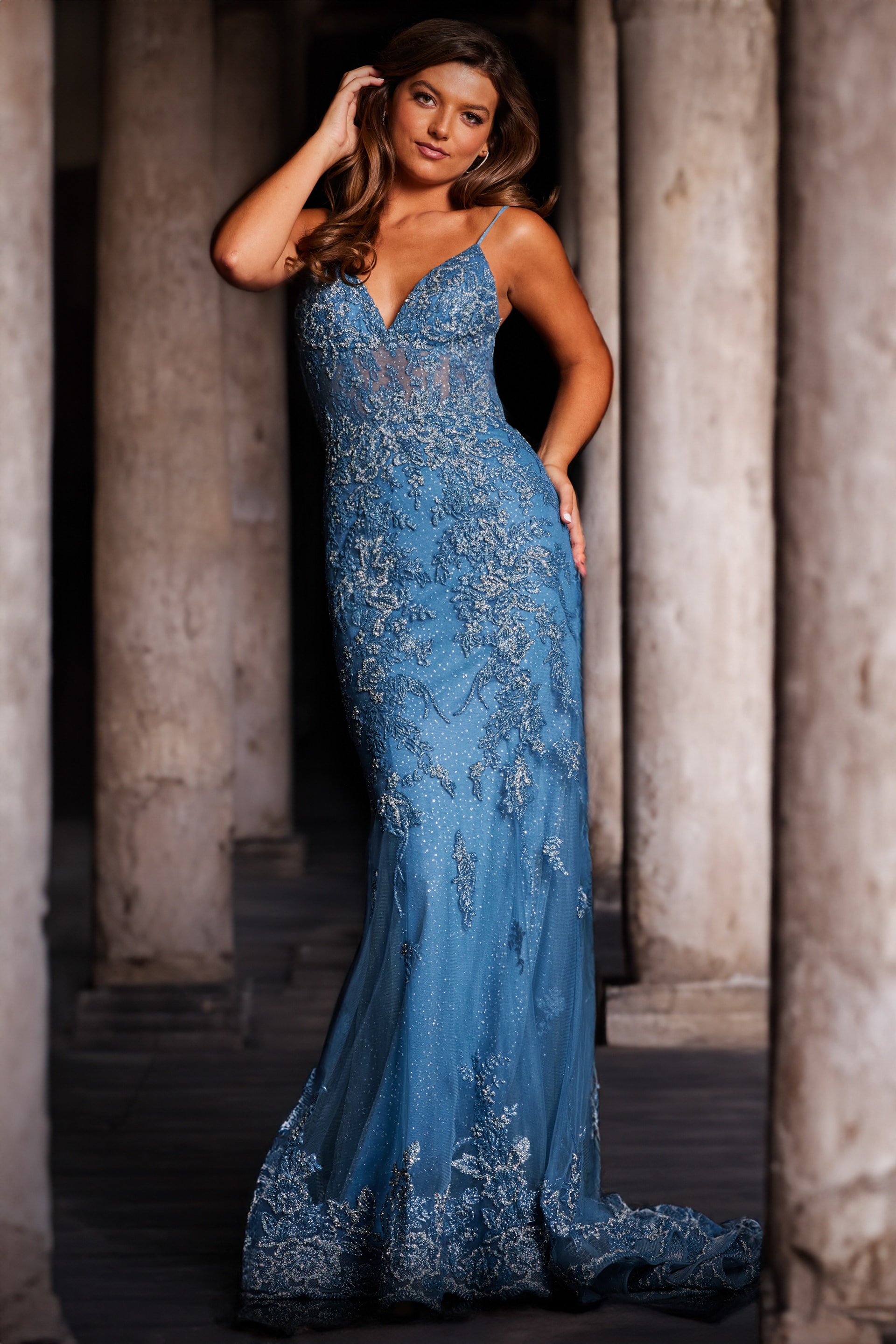 Jovani 37595 blue gown back view showcasing details