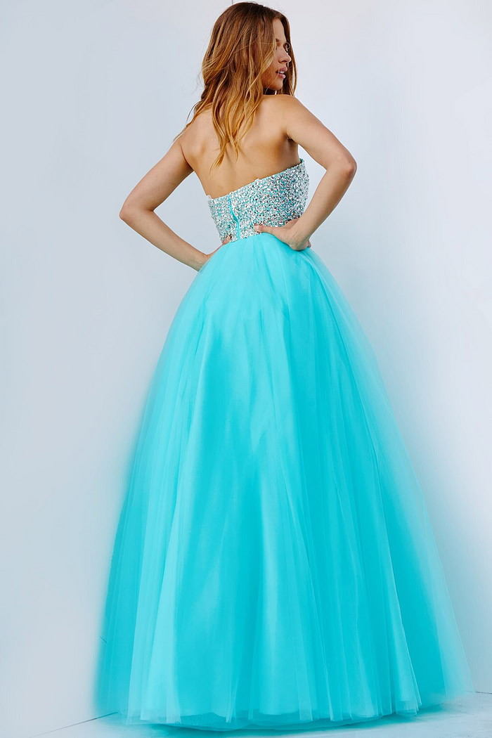 Back view of Jovani 52131, a blue strapless gown with a sparkling bodice and tulle skirt.