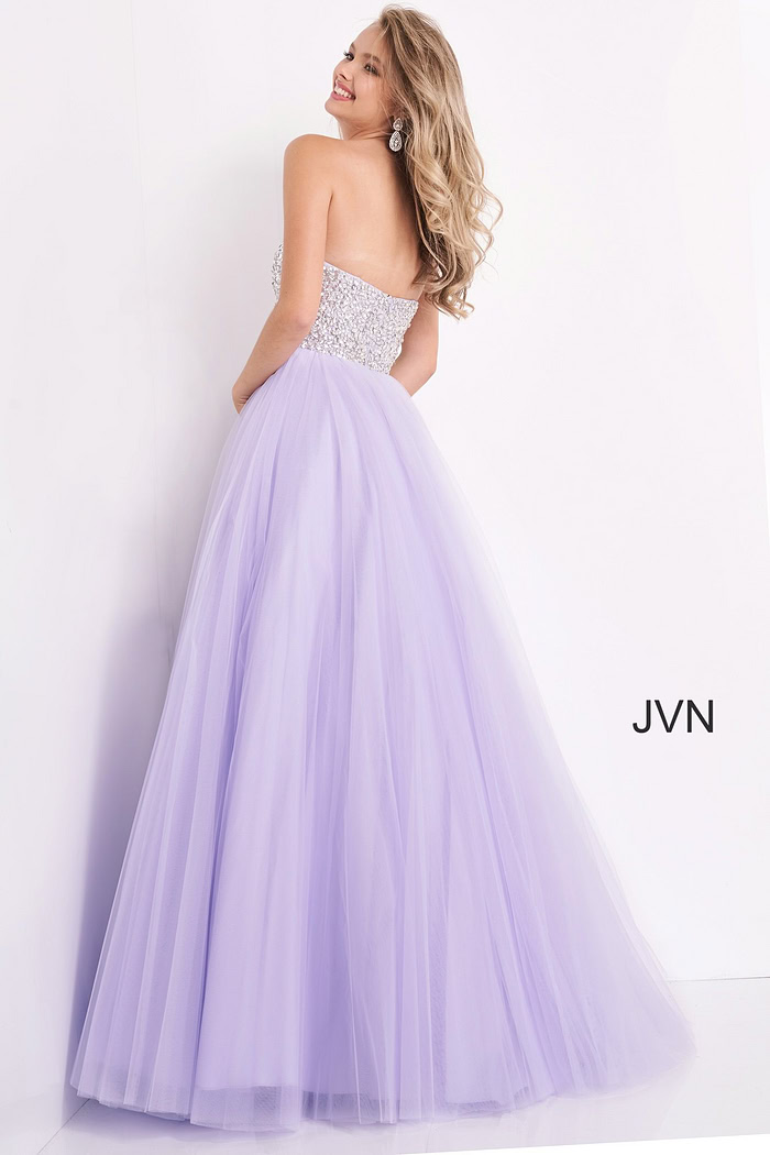 Back view of Jovani 52131, a lilac strapless gown with a sparkling bodice and tulle skirt.