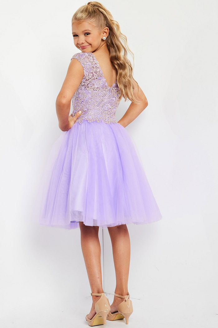 model wearing K04711 showing the front of lilac dress