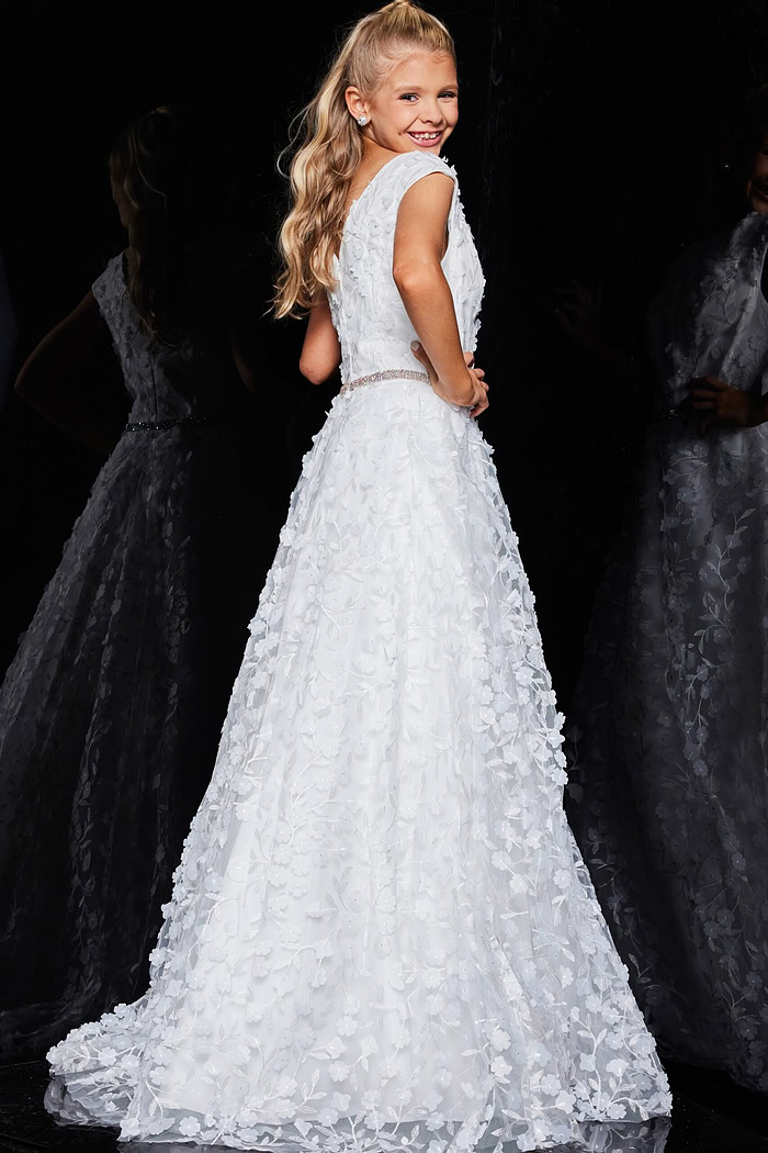 Rear view of Jovani K07245 ivory gown with an elegant A-line silhouette.