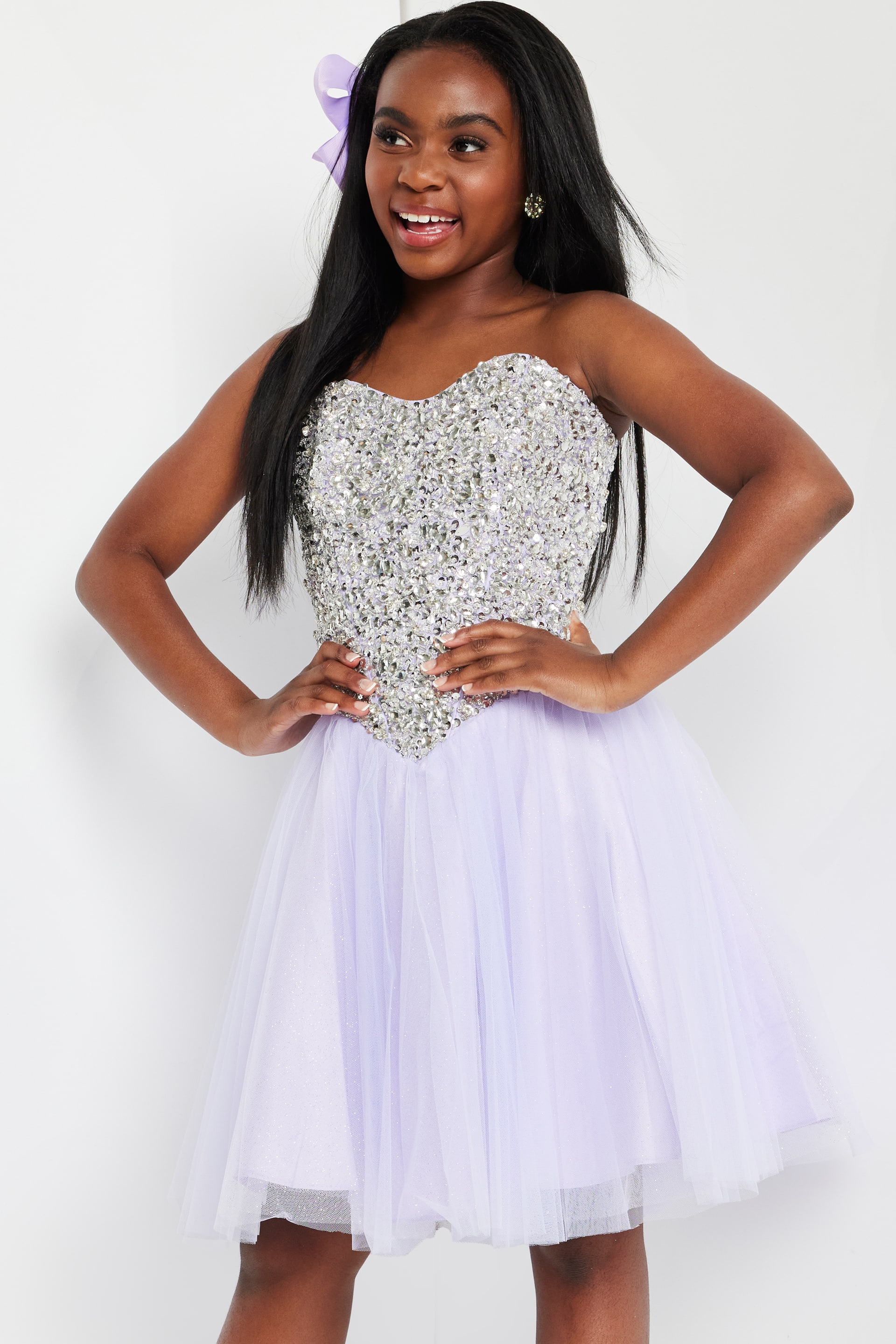 Jovani K22231 lilac dress with sequined bodice and fit-and-flare silhouette.