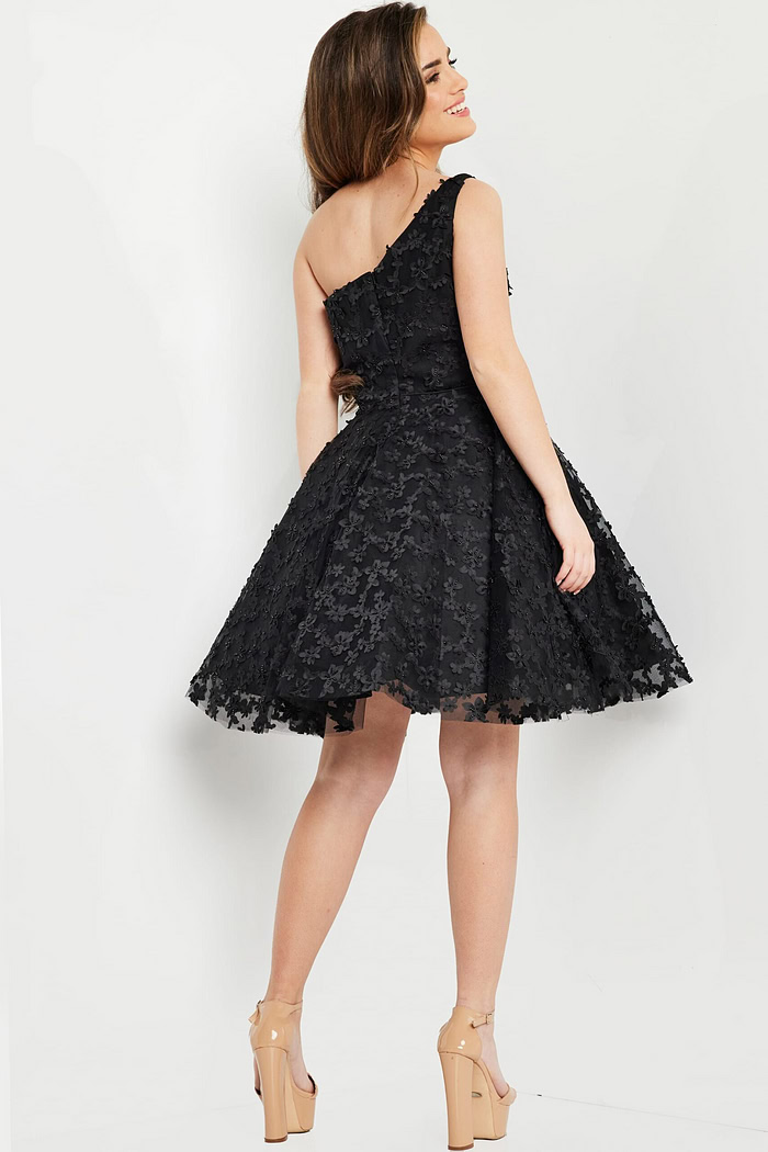 model wearing K23516 black dress back view, focusing on the silhouette and style.