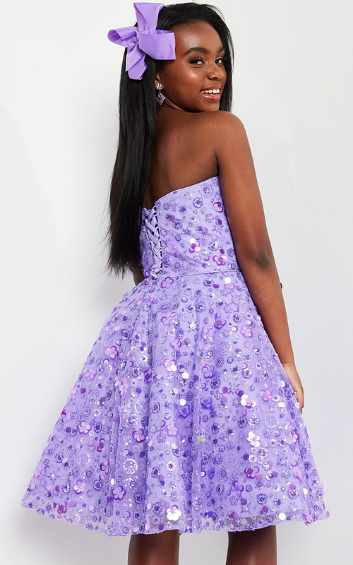 Model wearing Jovani K23685 lilac dress showing lace-up back detail