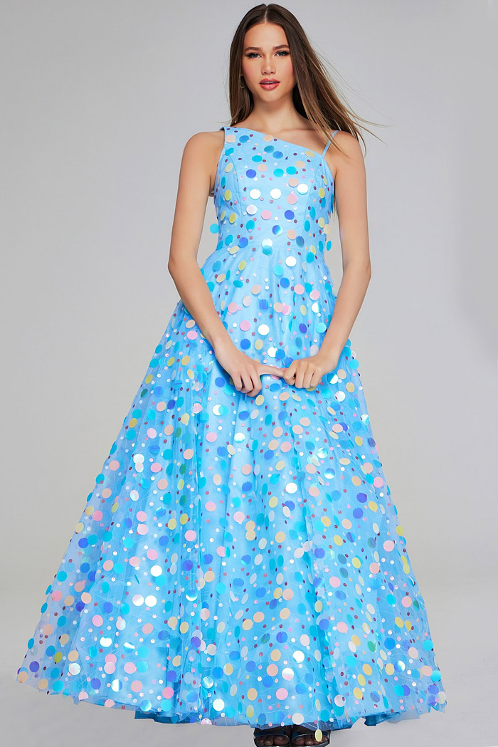 Model wearing K23877 dress from the front displaying asymmetrical neckline and vibrant colors.